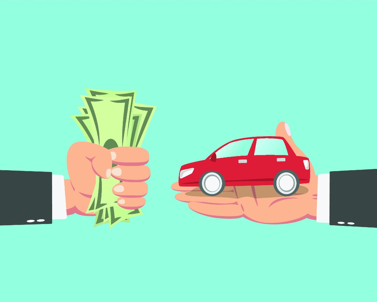 Animated hands exchanging money and car.