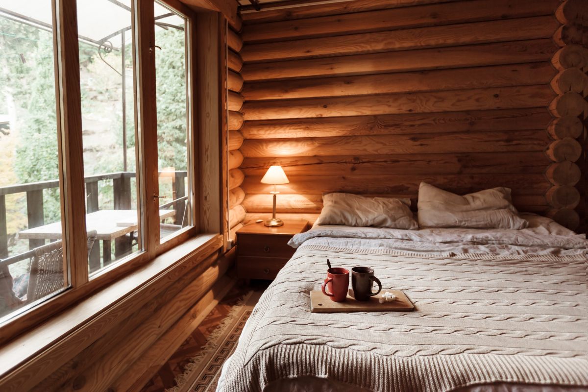 Rustic bed and breakfast cabin room.