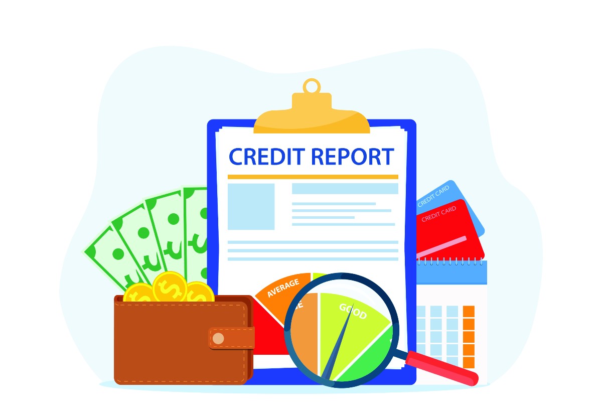 Animated credit report, magnifying glass, and wallet.