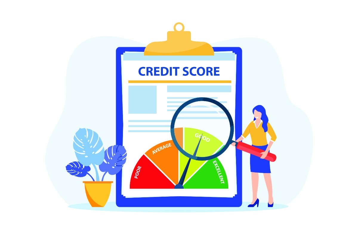 Animated woman holding magnifying glass to credit score scale.